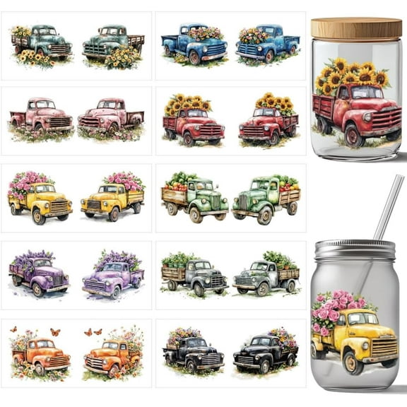10 Pcs UV DTF Cup Wrap Transfer Sticker 10 Styles Old Truck Transfer Paper Flowers Vegetables Rub on Stickers PVC Cup Wrap Waterproof Decals for Desk Glass 24x11cm/9.4x4.3inch