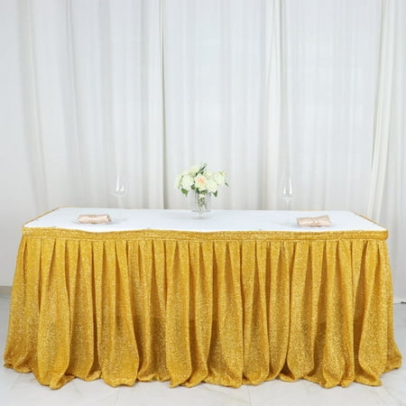 

Efavormart 17ft Gold Shiny Metallic Spandex Pleated Table Skirt Glitter Semi-Sheer Table Skirt with Top Strip for Dining Catering Wedding