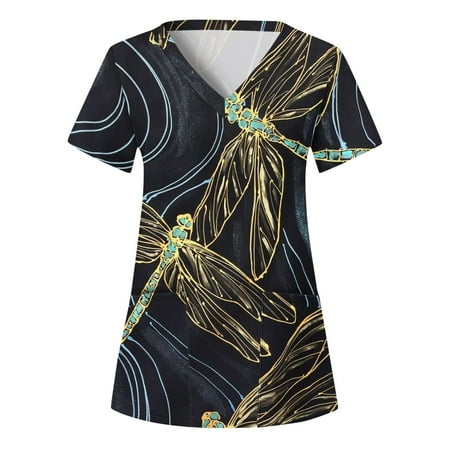 

Women Scrubs Top Nurses Clothing Working Uniform Top Care Workwears V-Neck Short Sleeve Top Printed T-Shirt Fashion