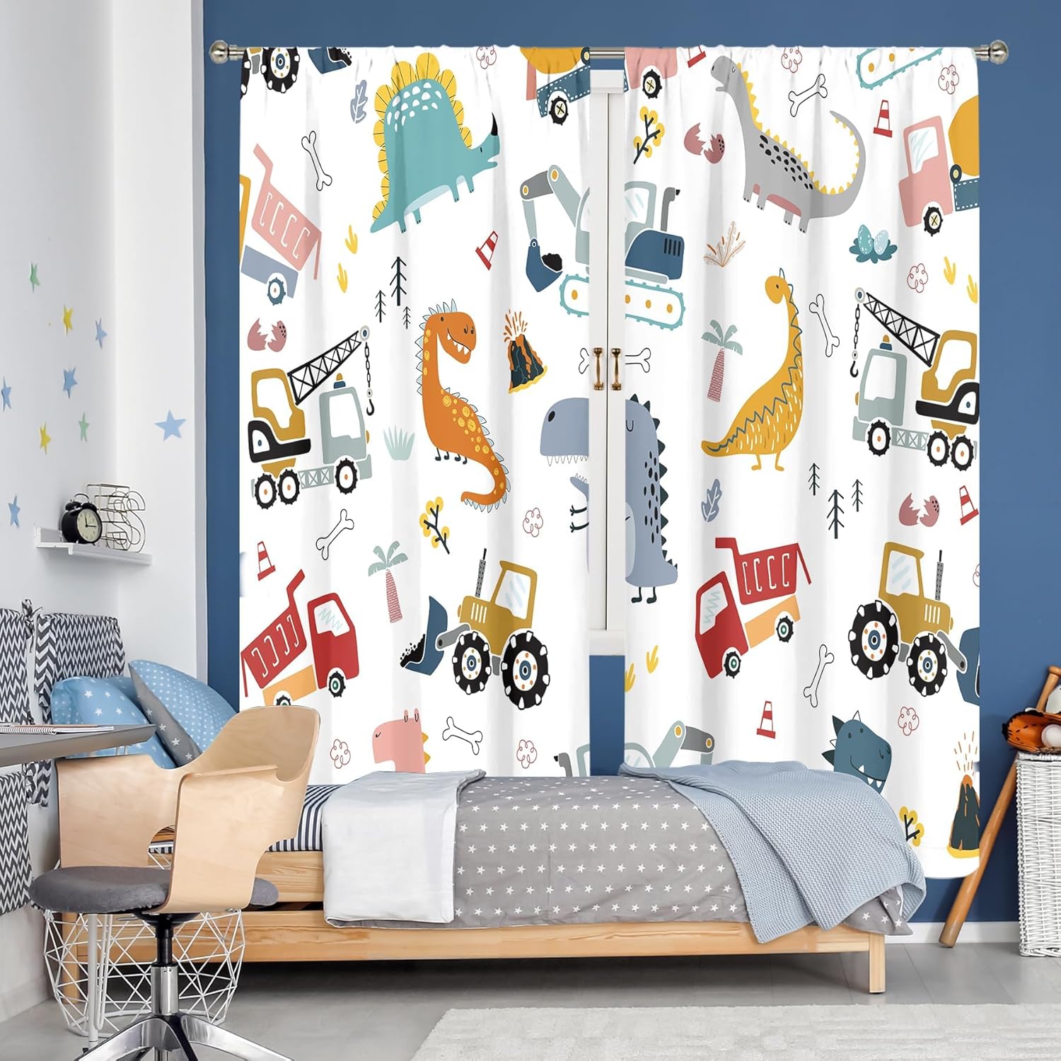 Dinosaur Kids Curtains for Bedroom 42Wx63H Inch Rod Pocket Boy Construction Truck Cartoon Animal Cute Dino Colorful Window Drapes Child Toddler Living Room Window Treatment Fabric 2 Panel