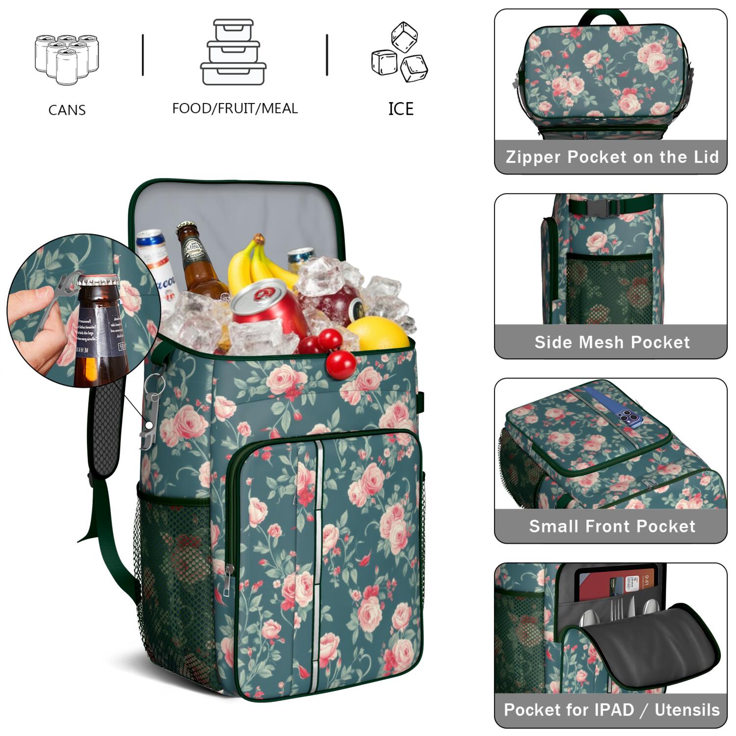 Travel Cooler Bag - Pioneer Flower Camping Beer Cooler Backpack with Bottle Opener- Waterproof Insulated Picnic Backpacks - Cooler Bag for Beach