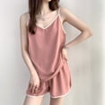 thumbnail image 1 of Pijamas de mujer sexy primavera y otoño seda de hielo cuello en V color sólido camisola pantalones cortos de dos piezas ropa informal para el hogar fina, 1 of 5