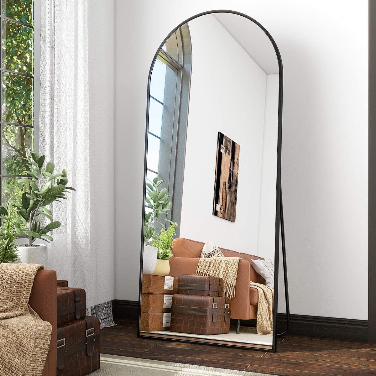 Anyrose 56"x21" Arched Modern Full Length Mirror Standing Floor Mirror with Aluminum Frame, Black