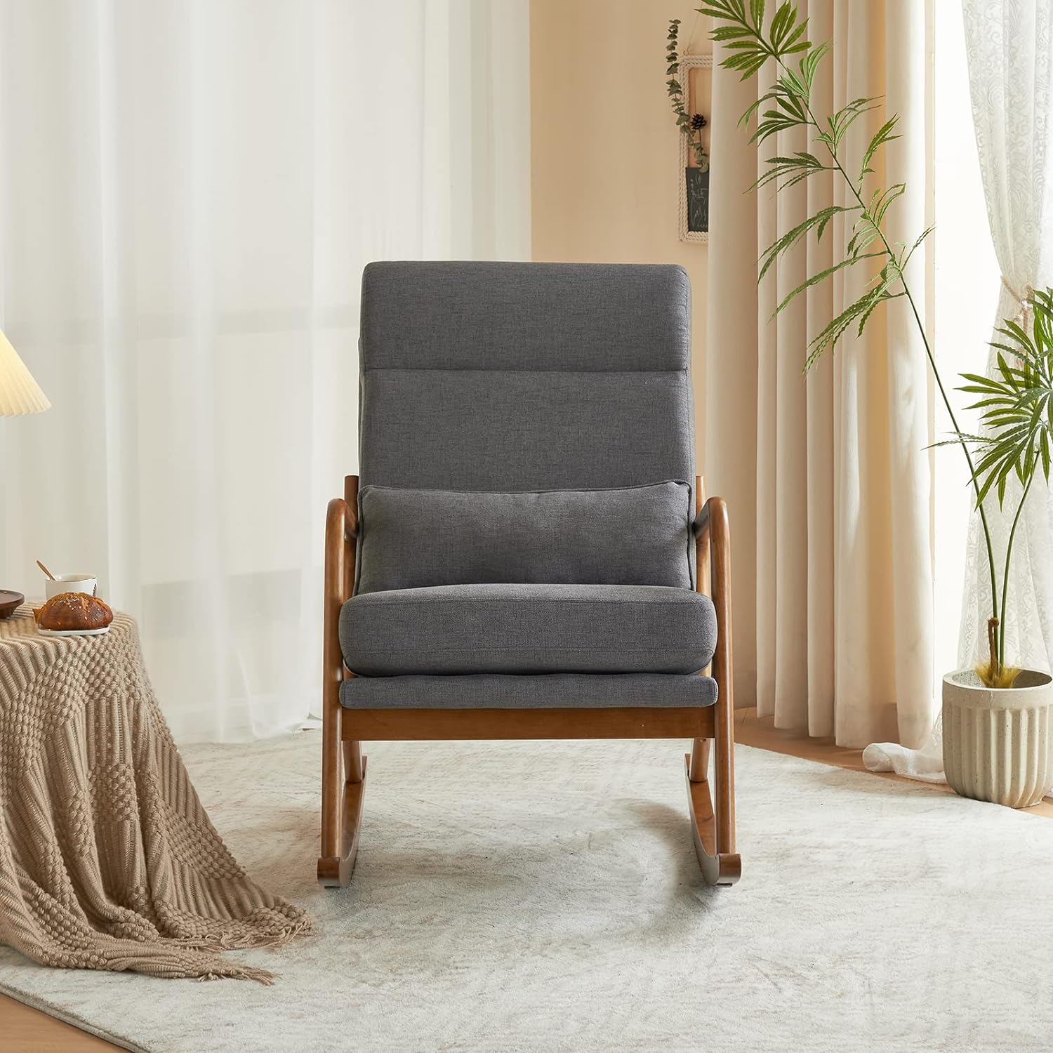 Nursery Rocking Chair Removable Glider Rocker High Backrest Rocking Armchair Mid-Century Accent Chair with Lumber Pillow for Bedroom, Living Room, Nursery, Dark Gray
