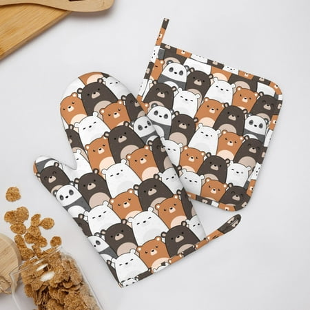 

ZNDUO Non-Slip Cooking Oven Gloves Cute Teddy Bear Cartoon Pattern Oven Mitts and Pot Holders Set