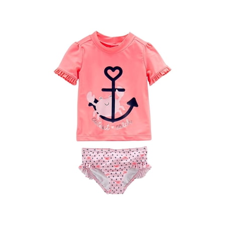 Simple Joys by Carter's Baby Girls' Toddler 2-Piece Rashguard Set, Pink/Navy Stripe, 5T