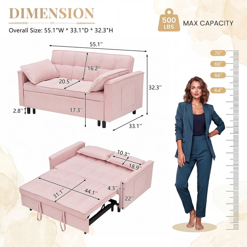 54.3" Corduroy Modular Sectional Sleeper Sofa,Loveseat with Pull Out Bed, Pink – Space-Saving Couch for Living Room, Guest Bed, Apartment