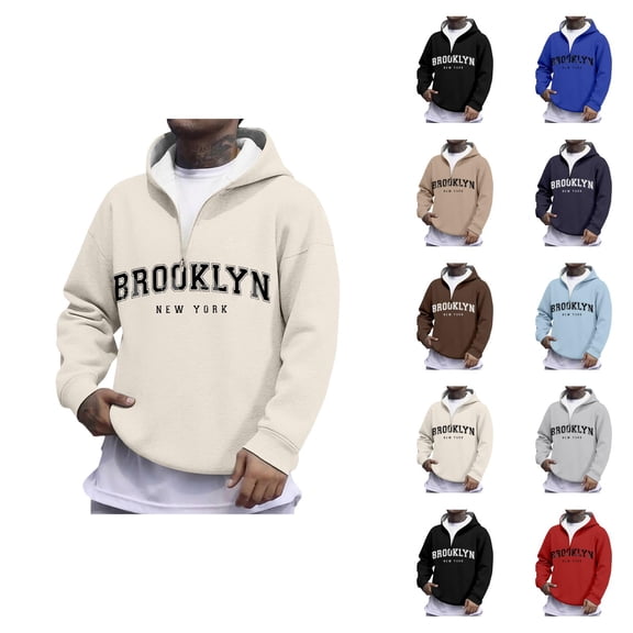 Brooklyn New York Quarter Zip Pullover Men Fall Winter Long Sleeve Graphic Hooded Sweatshirt Mens Hoodie Streetwear