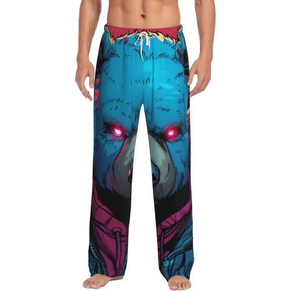 Hirioo Neon Cyberpunk Blue Bear for Men's PJ Pajama Pants Sleep Pants Men's Home Trousers with Pockets,S-3XL-Large