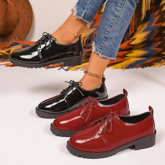 Women's Platform Oxford Shoes, Patent Leather Lace-Up Loafers, Non-Slip Chunky Sole Wide Width Casual Dress Shoes for Daily Work, Black/Burgundy