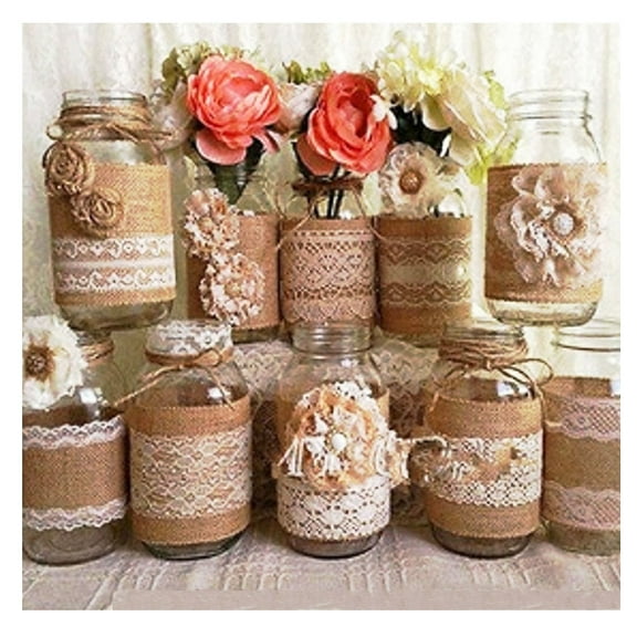 KALLORY 1Pack Natural Burlap Fabric Roll 200x5cm Jute and Lace for DIY Projects