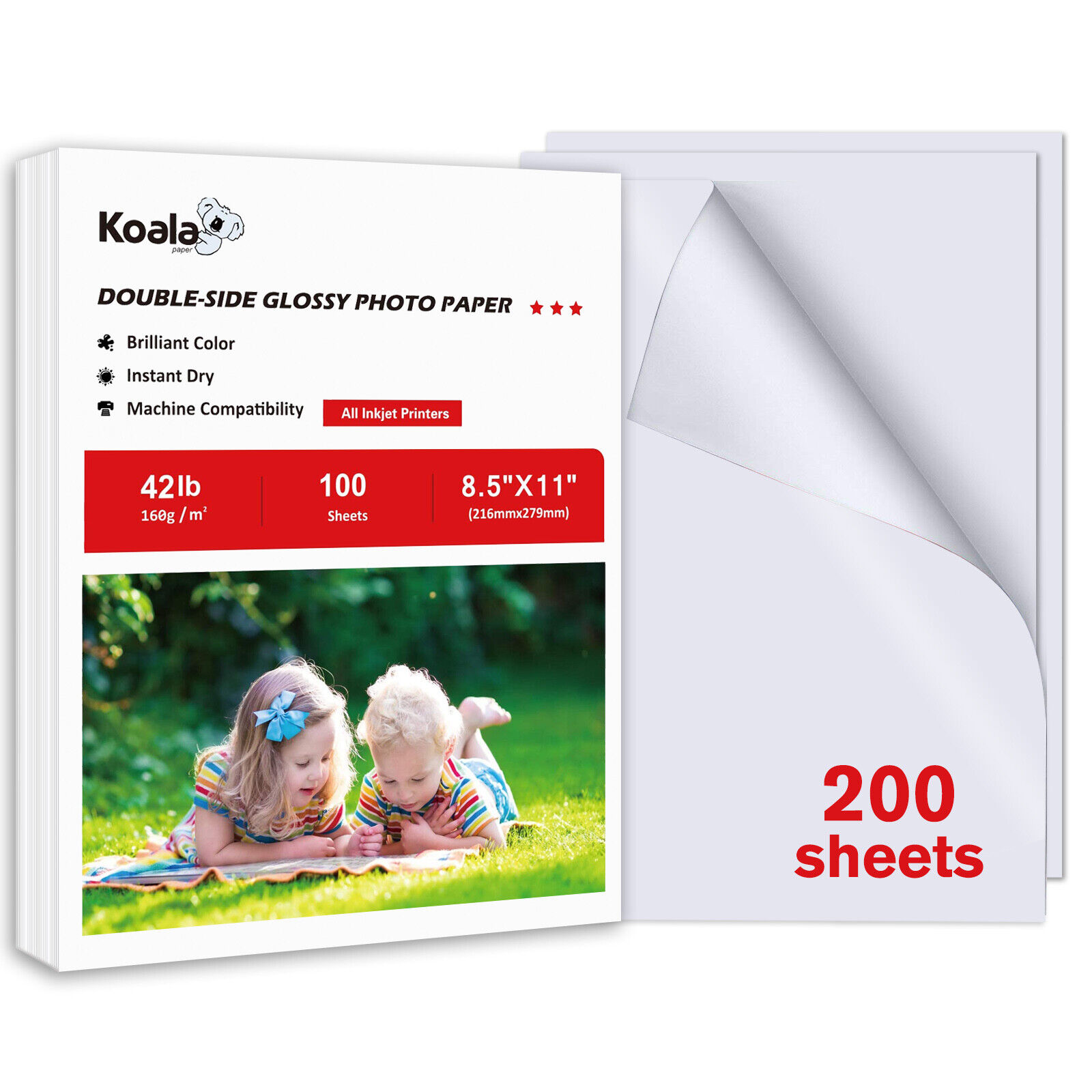 200 Sheets Koala Double Sided Glossy Photo Paper 8.5x11 42lb Inkjet  Printers Canon Epson HP Brother 