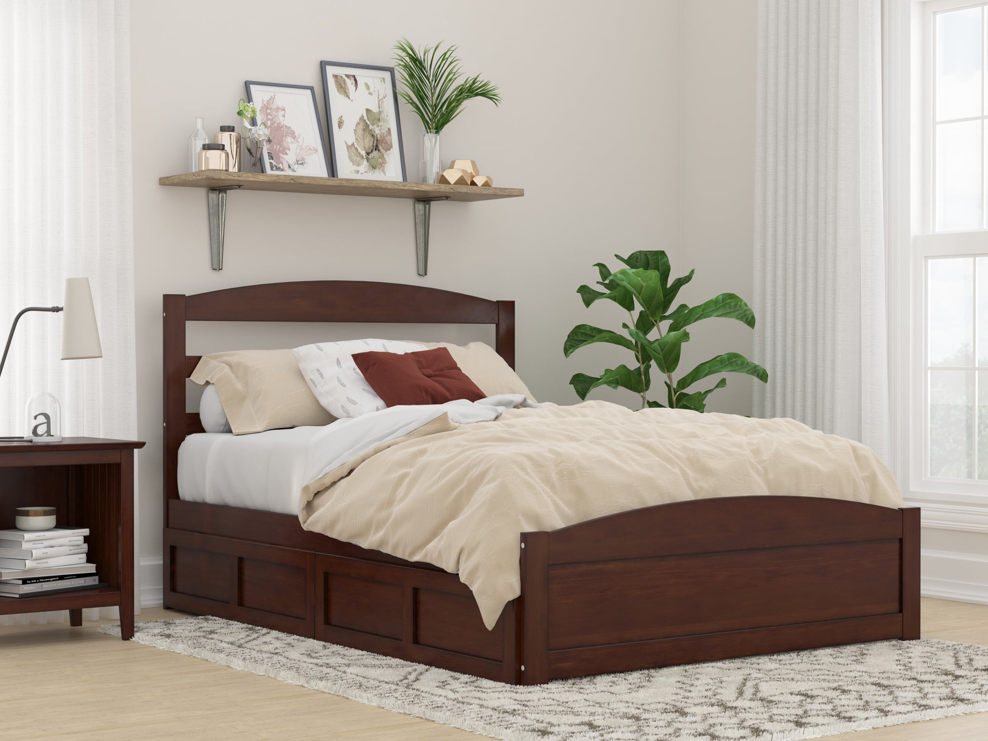 AFI Warren Full Wood Platform Bed with Headboard Footboard & 2 Storage Drawers, Walnut
