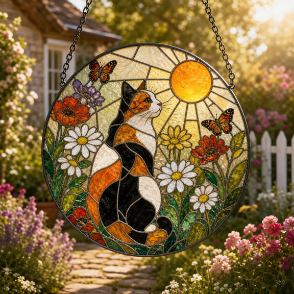 Calico Cat Stained Glass Suncatcher for Window Hanging, Cat Lover Gift