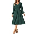 thumbnail image 2 of INSPIRE CHIC V Neck Dress for Women's Lantern Sleeve Ruffle A-Line Elegant Casual Midi Dresses L Dark Green, 2 of 6