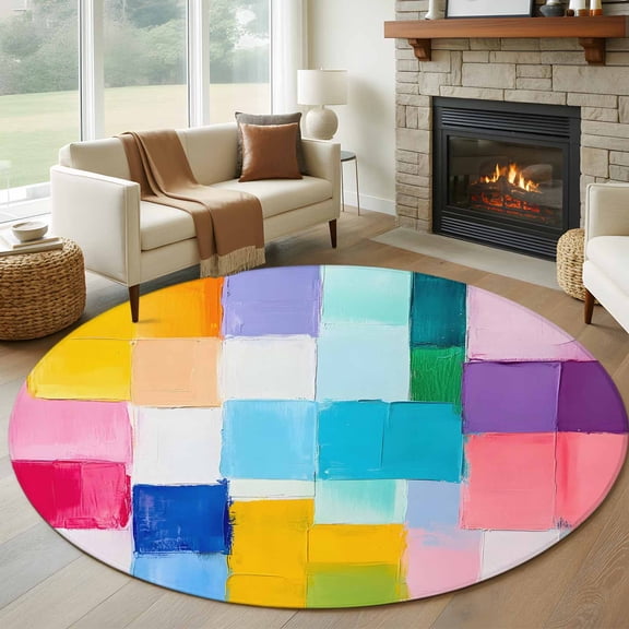 Round Rugs 5Ft, Colorful Abstract Art Round Area Rug Washable Indoor Throw Carpet, Geometric Modern Oil Painting Soft Non Slip Circle Rug for Cabinet Bathroom Home Decor Aesthetic