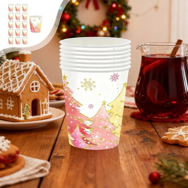 Amzcrzy Paper Disposable Tableware Set Pinks Christmas Tree Snowflake Theme Party Tableware Disposable 7-In and 9-In Paper Plates Paper Cups and Tissue Set Party-Themed Paper Plates Set
