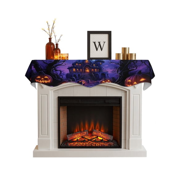 Halloween Fireplace Mantel Scarf Cover 90"Wx17"L,Fireplace Mantel Shelf Top Runner,Horror Pumpkins Halloween Dark Castle Purple Mantle Dresser Scarves Table Runner for Holiday Party Living Room Decor
