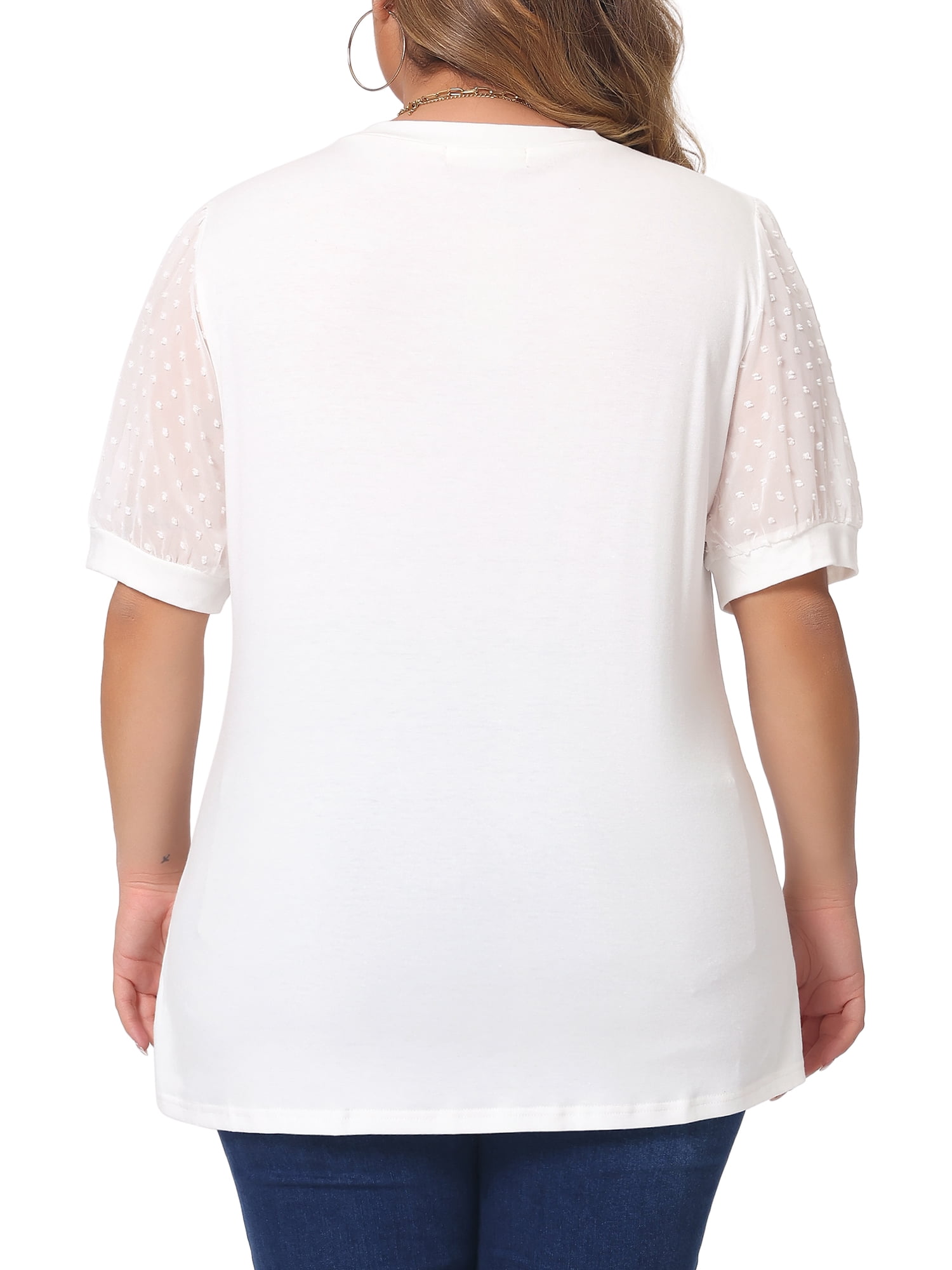 Women's Plus Tops V Neck Swiss Dots Puff Sleeve Casual Blouse Shirt 2X White