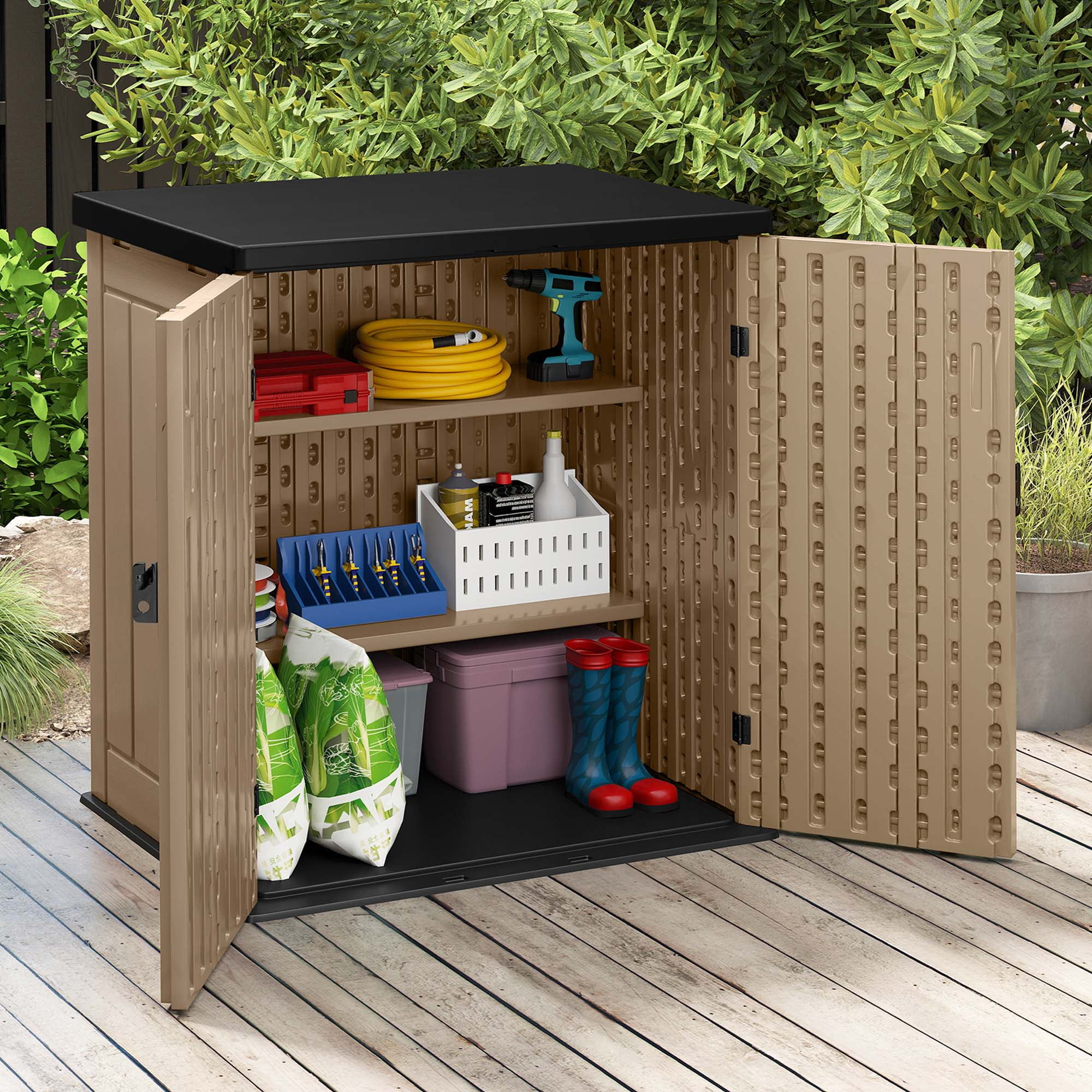 Dextrus Weatherproof Outdoor Storage Shed with 2 Shelves & Lockable Lid for Patio & Garden, Brown