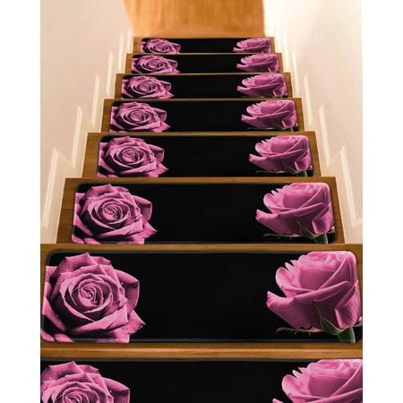 Pink Rose Stair Treads for Wooden Steps Indoor Runner Rug Carpet Vintage Abstract Garden Flower Floral Black 15 Pieces Peel and Stick Staircase Step Treads Covers Washable Throw Door Mats 30 x8