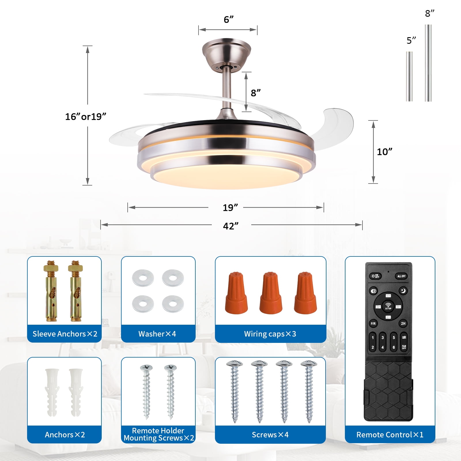 RJFKSNC 42" Smart Retractable Ceiling Fan with Light and Remote, Dimmable LED Fandelier, 6-Speed Reversible DC Motor, Brushed Nickel