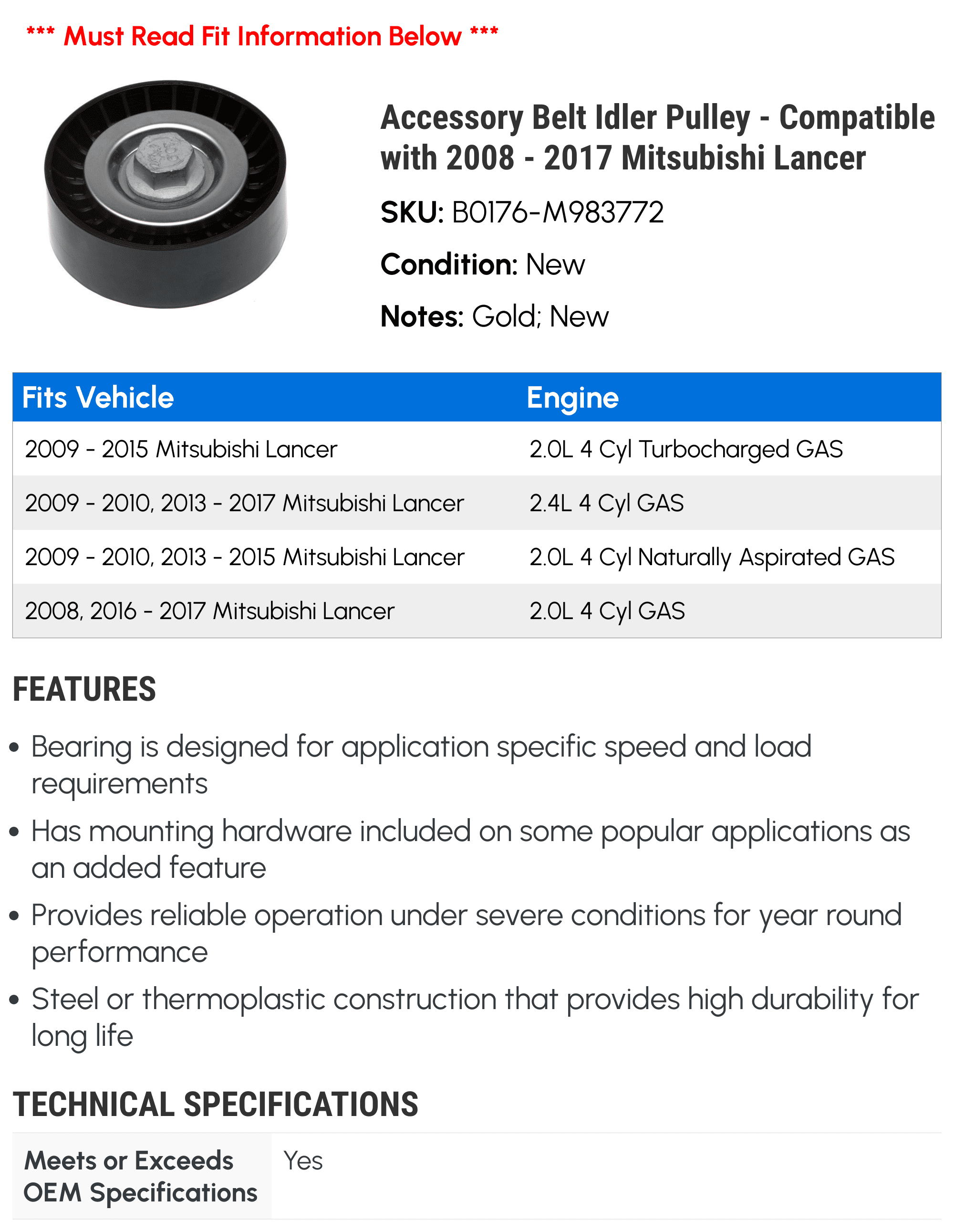 Accessory Belt Idler Pulley - Compatible with 2008 - 2017 Mitsubishi Lancer 2009 2010 2011 2012 2013 2014 2015 2016