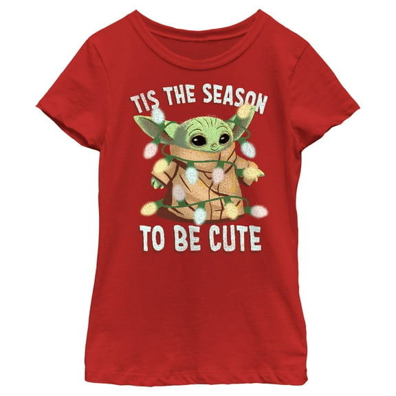 Girl's Star Wars: The Mandalorian Christmas Grogu 'Tis the Season to be Cute Graphic Tee Red Medium