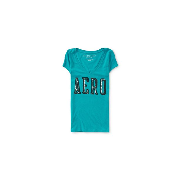 Aeropostale - Playera adornada con logo de lentejuelas para mujer, verde, extra pequeña Aeropostale Camiseta adornada