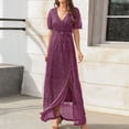 thumbnail image 4 of Robes Robe d'Été Femme Col en V Taille Haute Robe à Lacets Fendue Longue Robe à Manches Courtes Violette m, 4 of 7