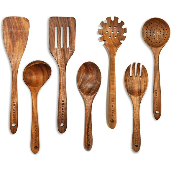 Cucharas de madera para cocinar BOKALAKA 7Pcs Utensilios de madera Teca