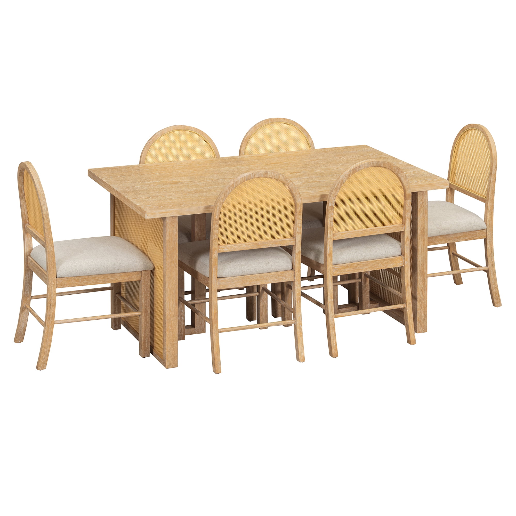 Euroco 7-Piece Farmhouse Solid Wood Dining Table Set for 6, 59.8" Rectangular Kitchen Table with 6 Rattan Chairs & L Shaped Legs,Kitchen Furniture for Dining Room,Natural