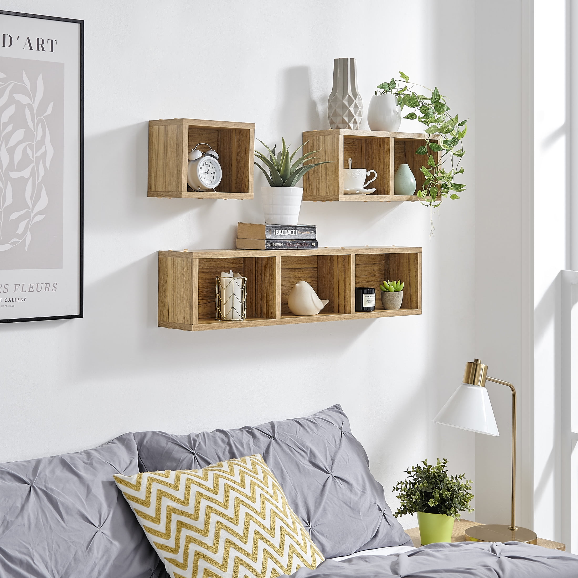 Danya B. Bauhaus Floating Geometric Cubby Wall Shelves - Set of 3 Sizes - Chestnut