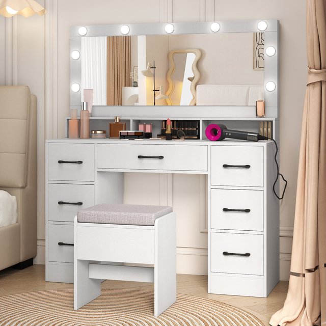 Gymax Vanity Desk w/Mirror & Lights Power Outlets 3 Color Lighting Modes 7 Drawers