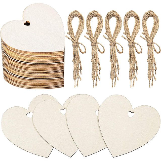 Paquete de 20 adornos de corazones de madera para el día de San Valentín con cordel, decoración de madera rústica en blanco sin terminar con agujeros para colgar
