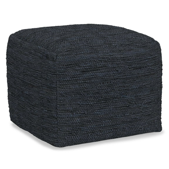 Simpli Home Fredrik Boho Square Pouf in Dark Blue Woven Genuine Leather