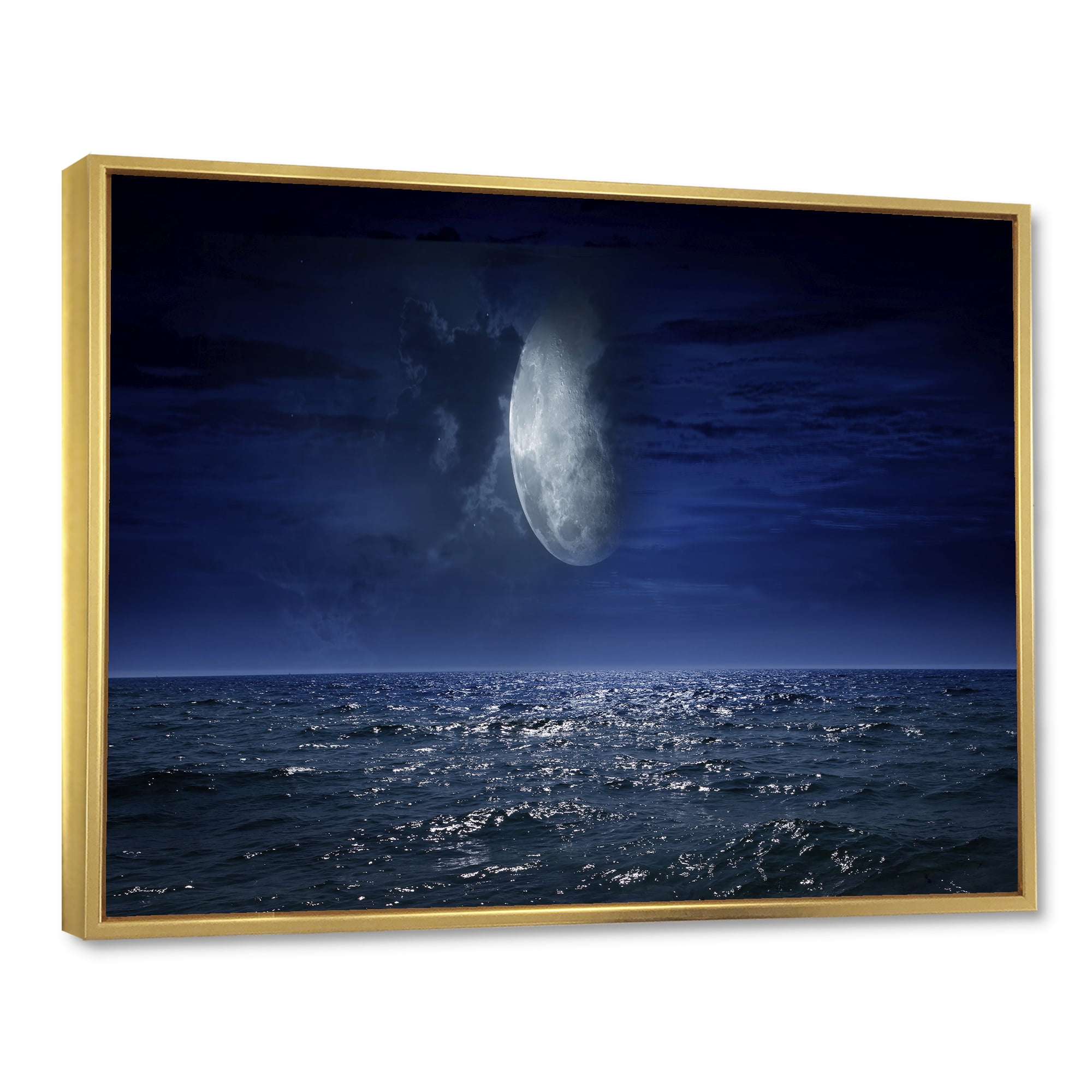 Designart 'Full Moon Night Over Dark Ocean' Nautical & Coastal Framed Canvas Wall Art Print