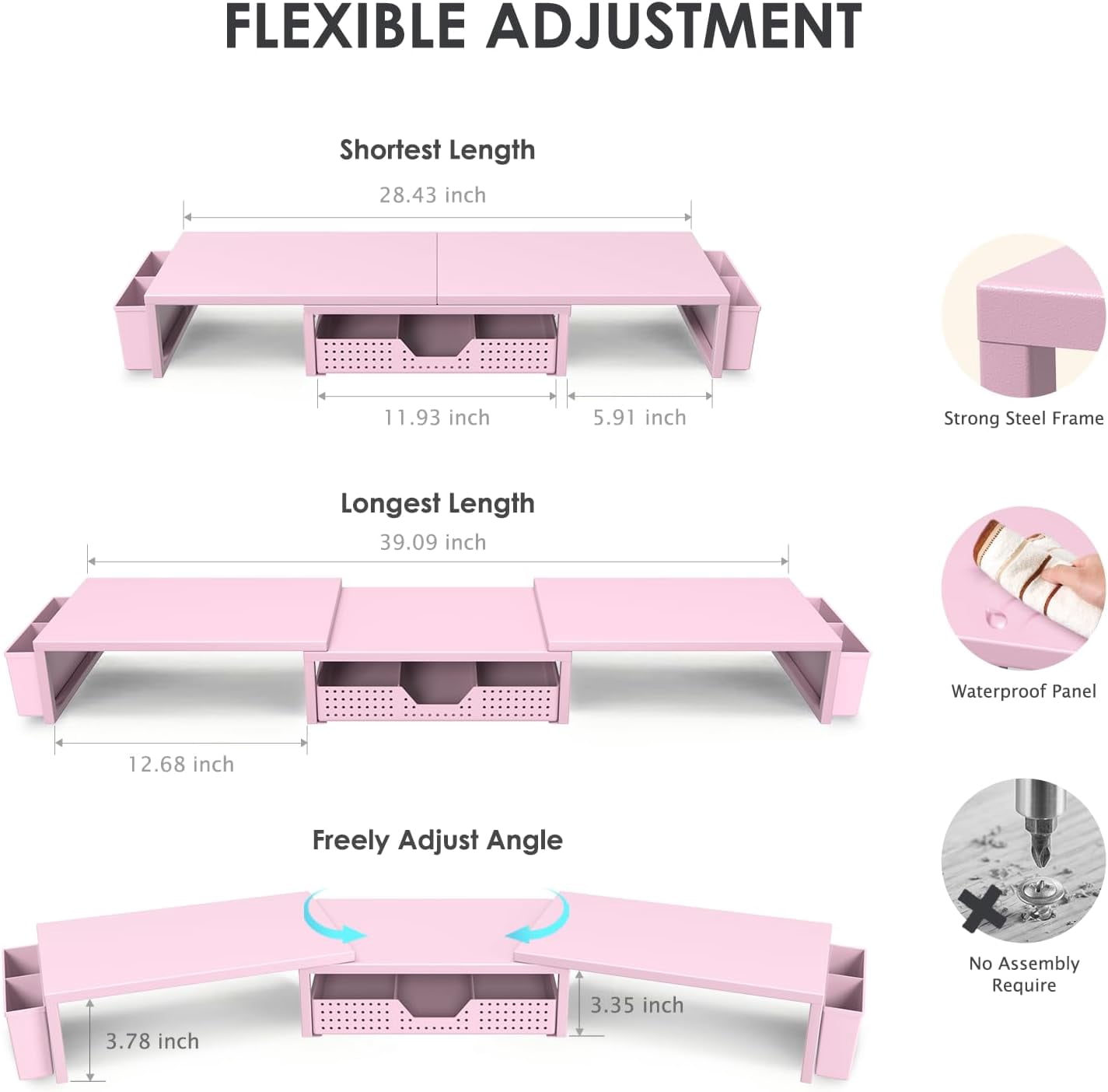 Desk Organizers and Accessories, Dual Monitor Stand Riser with Drawer and 2 Pen Holders, Desk Shelf Metal Computer Racks for Office Workspace Organizers, Desktop Organization (Pink Metal)