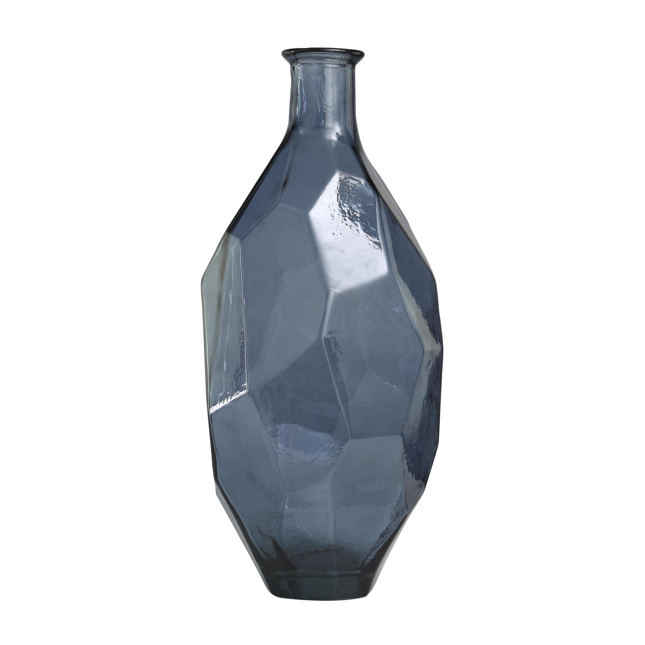 DecMode 24" Abstract Handmade Spanish Bottle Neck Faceted Blue Recycled Glass Vase