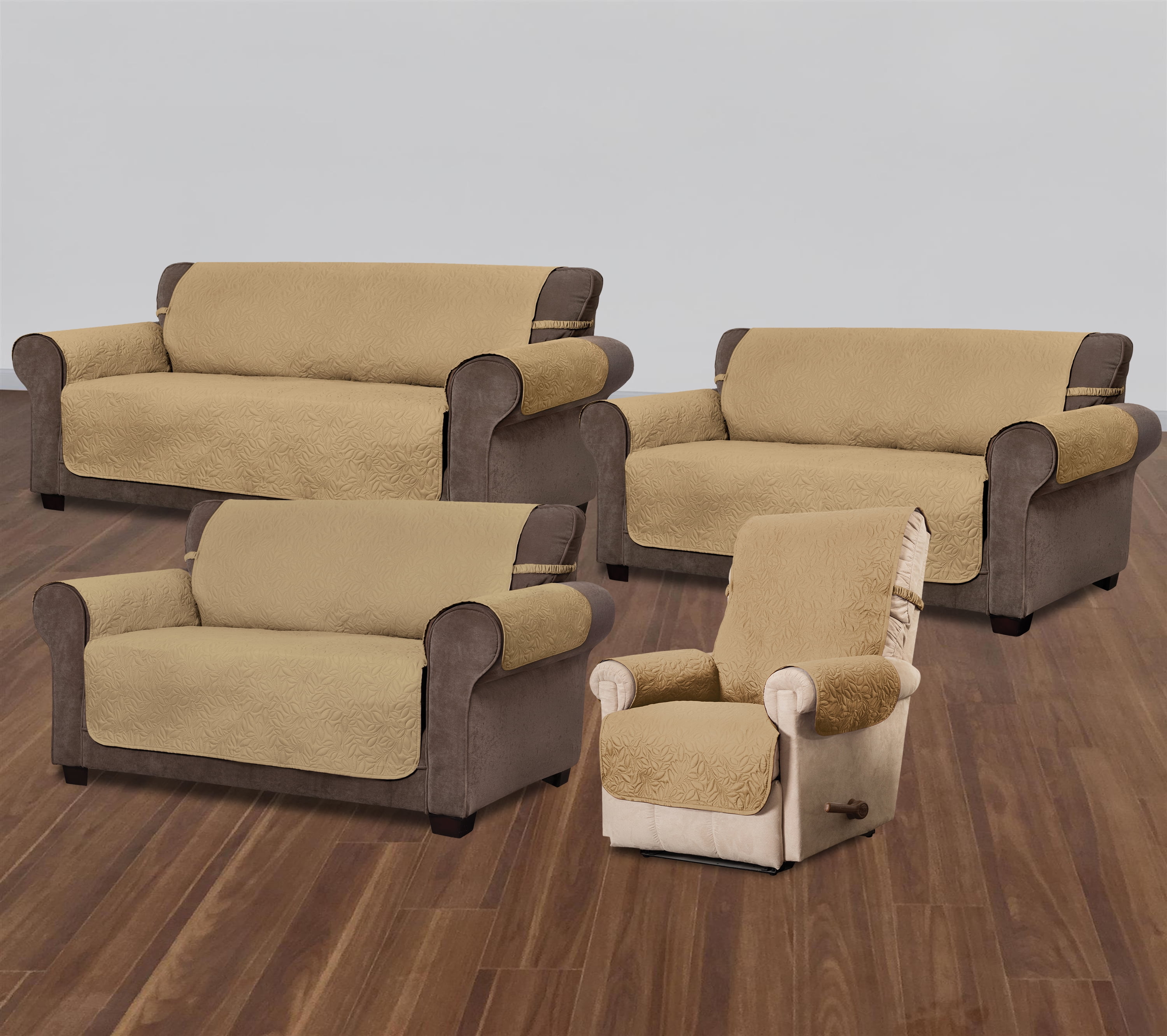 Innovative Textile Solutions 1-Piece Belmont Leaf Secure Fit Sofa Furniture Cover Slipcover, Toast