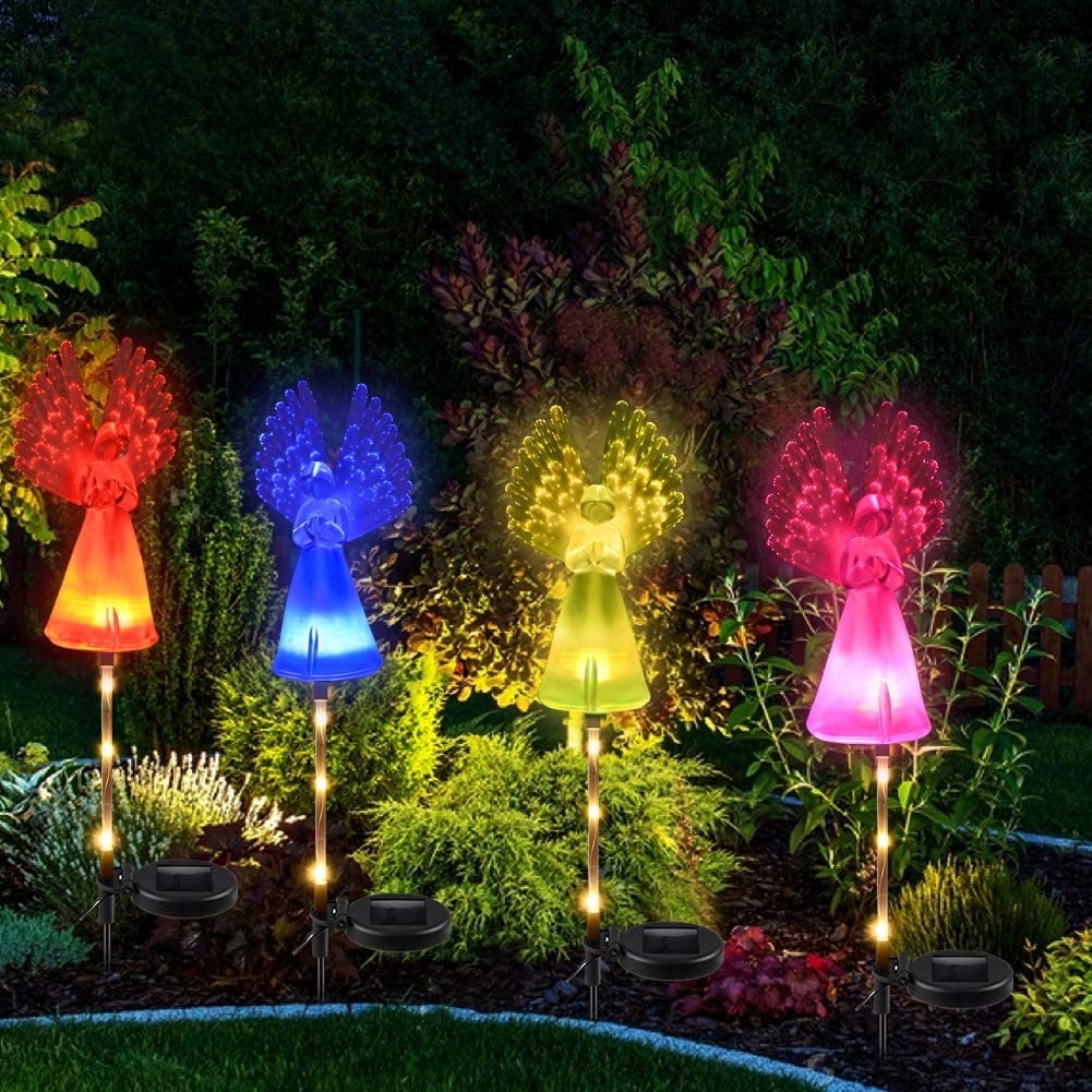 TiokMc Solar Angel Stake Lights with Fiber Optic Wings, Color-Changing LED Outdoor Pathway Garden Yard Lawn Decorations, Waterproof Solar Powered Lights (4 Pack)
