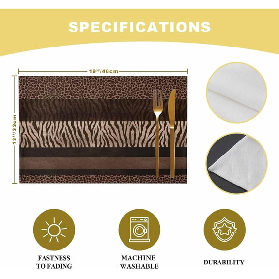 Animal Print Placemats Set of 6 Abstract Leopard Zebra Skin Texture Brown Place Mats Indoor Wipeable Table Mats Washable Cloth Dining Table Placemats for Kitchen Holiday Party Home Decor 12x18 Inch