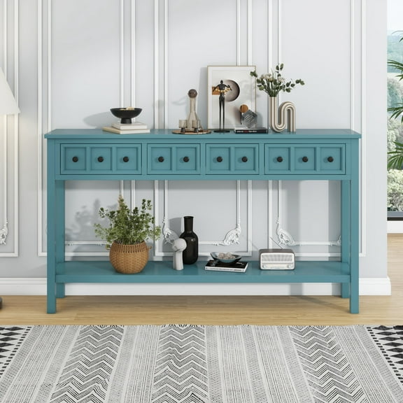 Rustic Entryway Console Table with 4 Drawers and Bottom Storage Shelf, Long, Narrow, Elegant Design Hallway Table with Wide Desktop, Solid Wood Sofa Table with Knobs & Square Legs, Turquoise Green