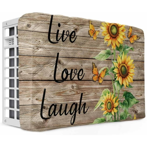 Sunflower Rustic Indoor Air Conditioner Covers, VintaYANTON Wooden Window AC Unit Cover with Drawstring Double Insulation, Flowers Butterfly Waterproof Air Conditioner Covers for Inside 25Lx18Hx3.5D