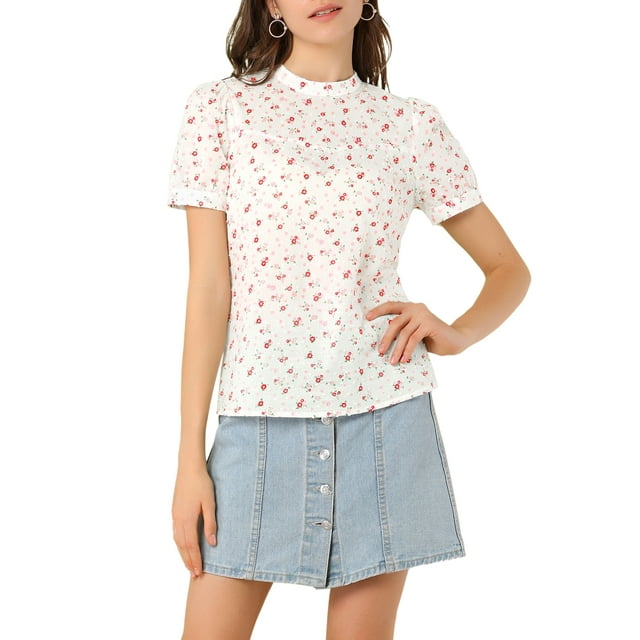 Unique Bargains Femme Casual Stand Col Manches Courtes Imprimé Floral Keyhole Back Blouse