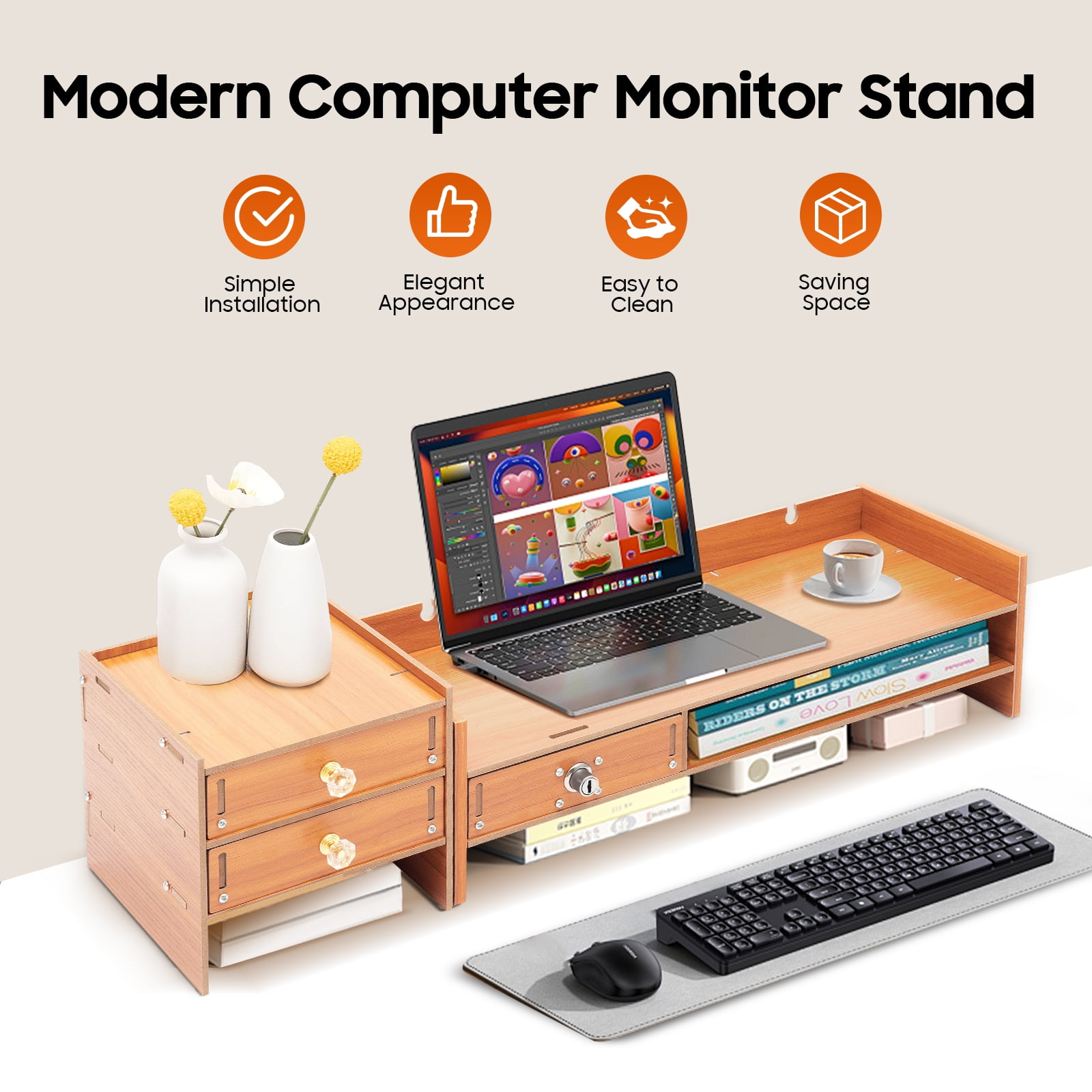 Desktop Storage Organizer with Lockable Drawer, Phone Holder & Keyboard Space, Ergonomic Monitor Riser for Office & Home