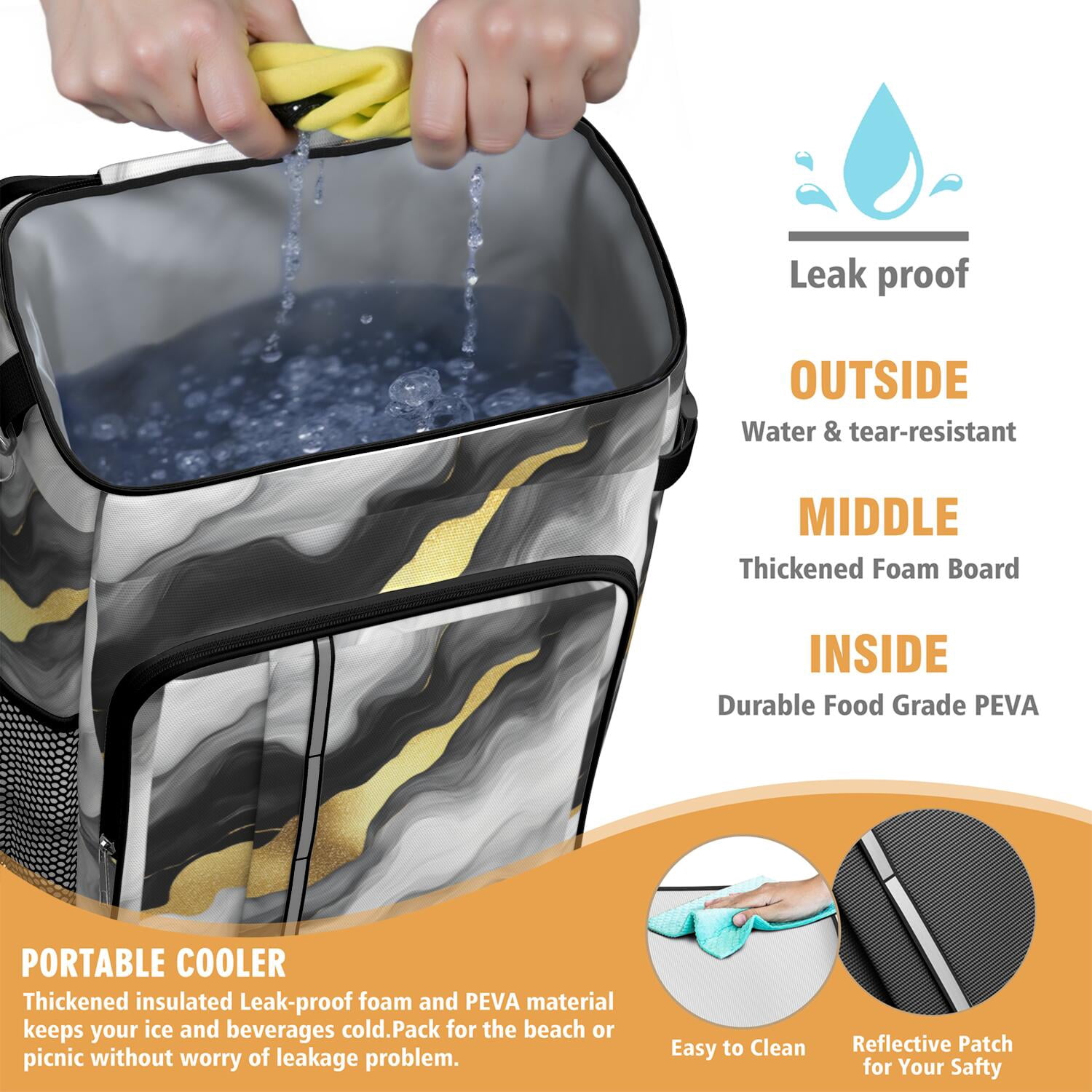 Travel Cooler Bag - Black White and Gold Marble Camping Beer Cooler Backpack with Bottle Opener- Waterproof Insulated Picnic Backpacks - Cooler Bag for Beach