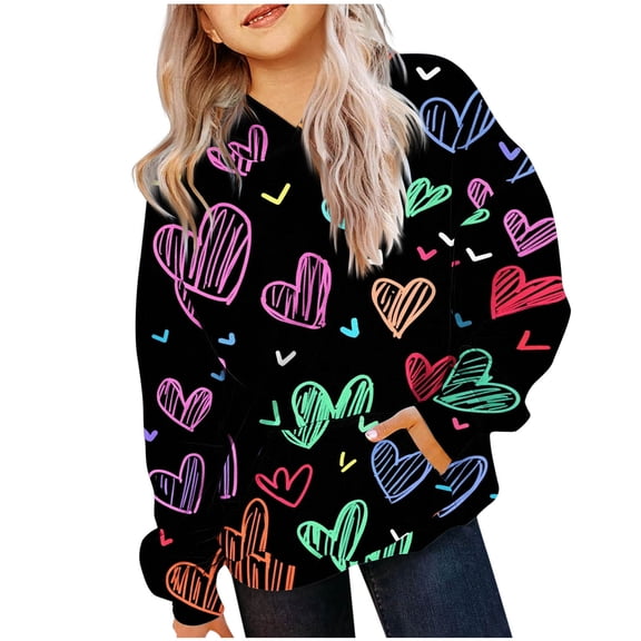 Atogsazn Kids Girls Valentine's Day Hoodies Children Casual Oversized Long Sleeve Pullover Sweatshirts Outfit Tops Clothing Purple 5-6 Years Fashion