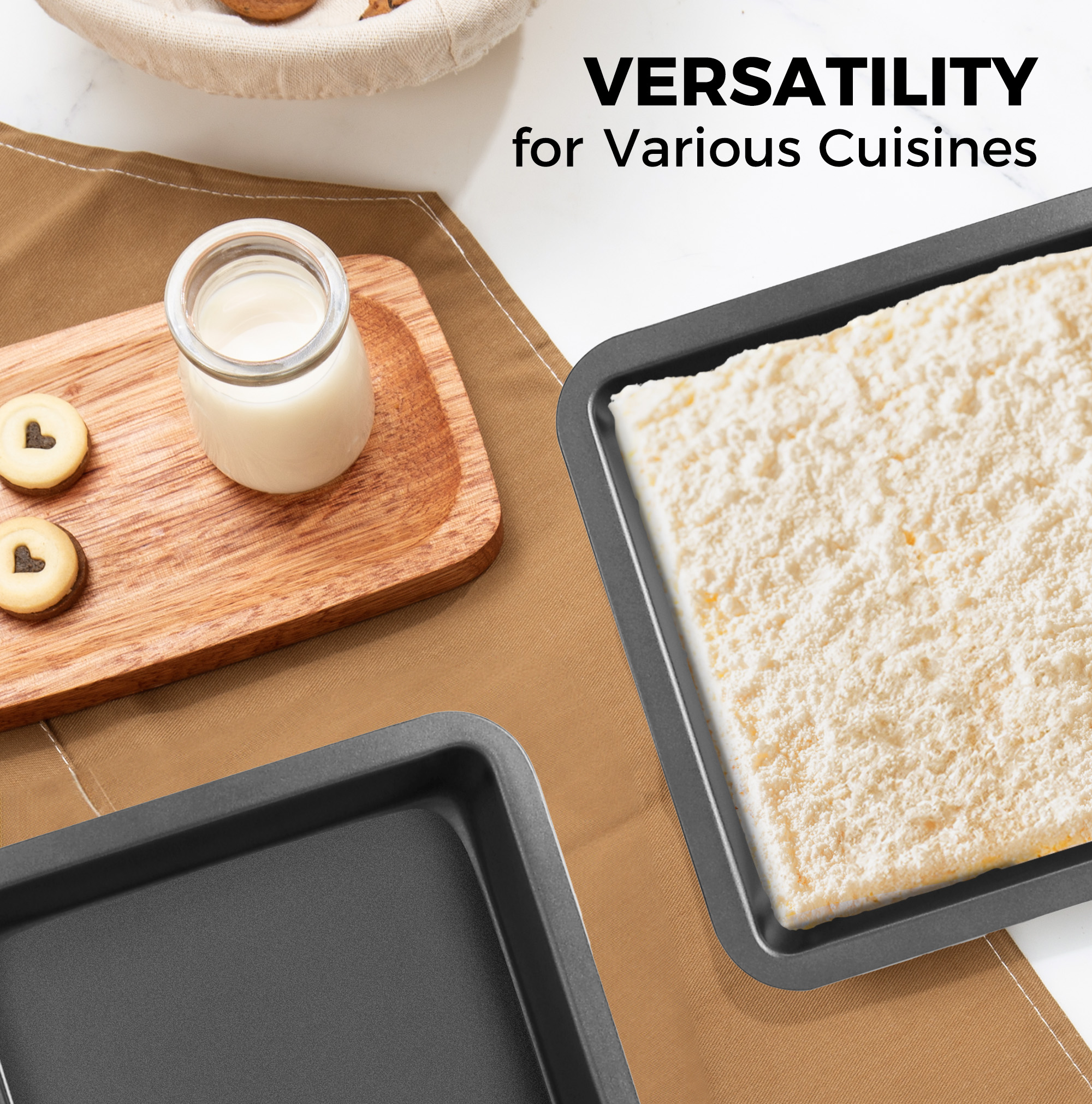 HONGBAKE 8X8 BAKING PAN SET, NONSTICK BROWNIE PAN WITH WIDER GRIPS, 2 PIECES SQUARE CAKE PAN, HEAVY DUTY, GREY