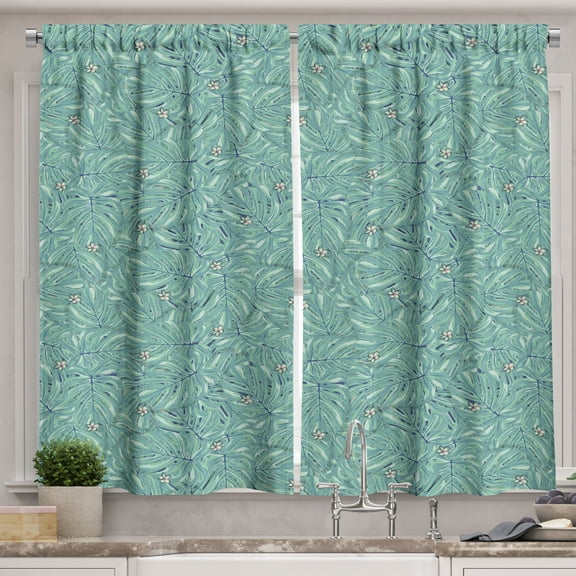 Ambesonne Tropical Kitchen Curtains, Jungle Leaves Hand Drawn, 55"x45", Seafoam Turquoise